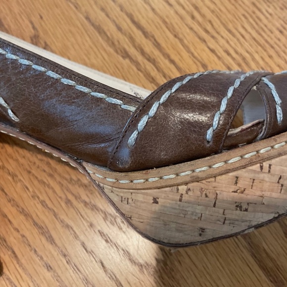 Prada Brown Leather Cork Wedge Sandals Size 36.5 (6 1/2) - Slingback Peep Toe - Picture 7 of 16